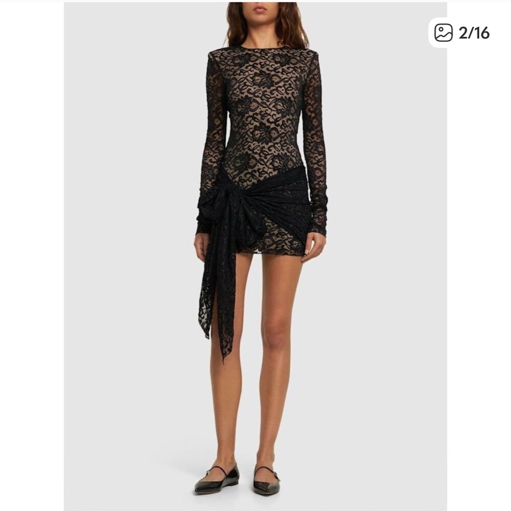 Rotate Illusion Lace Self Tie Long Sleeve Bodycon Mini Dress in Black Sz 4